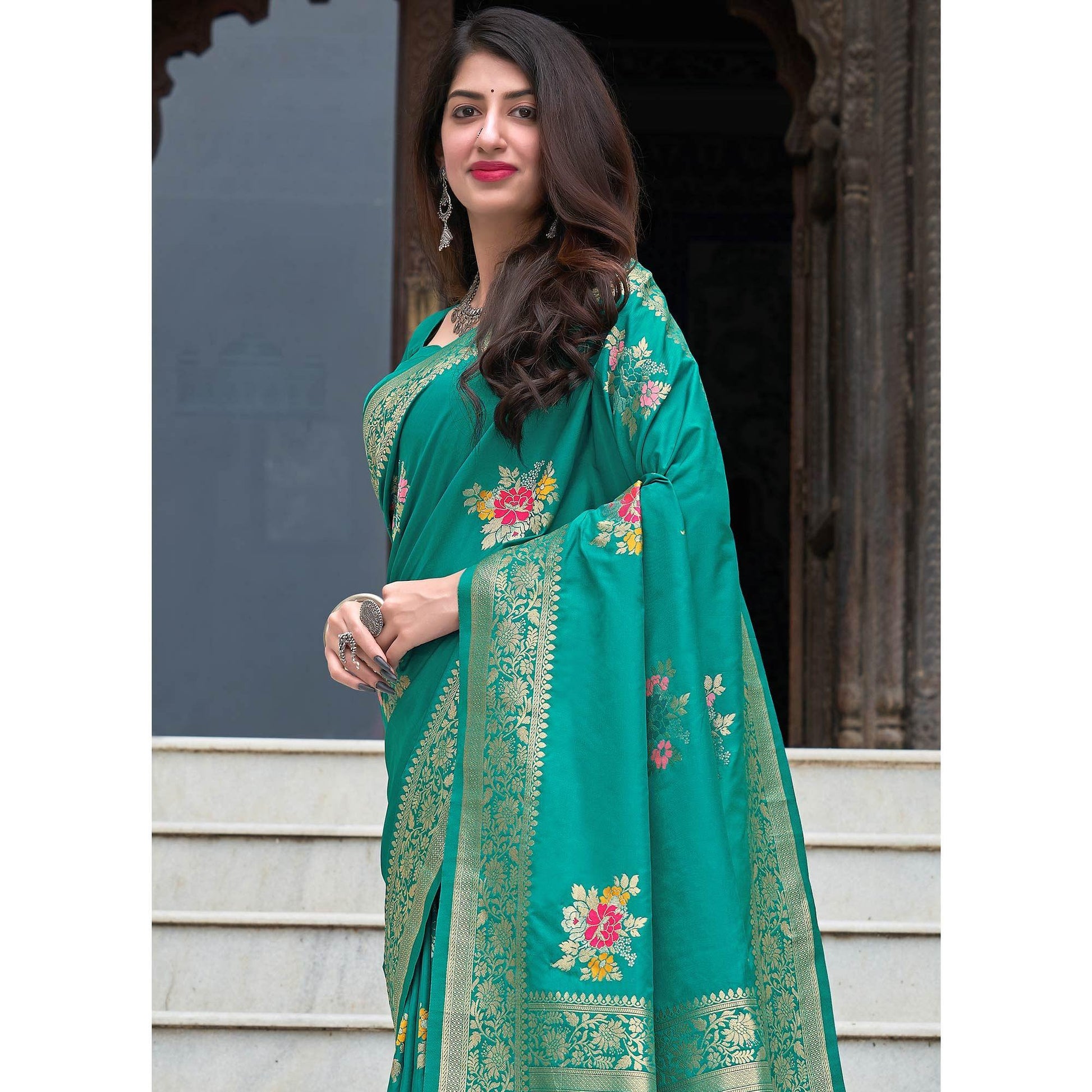 green-partywear-printed-silk-saree-120759
