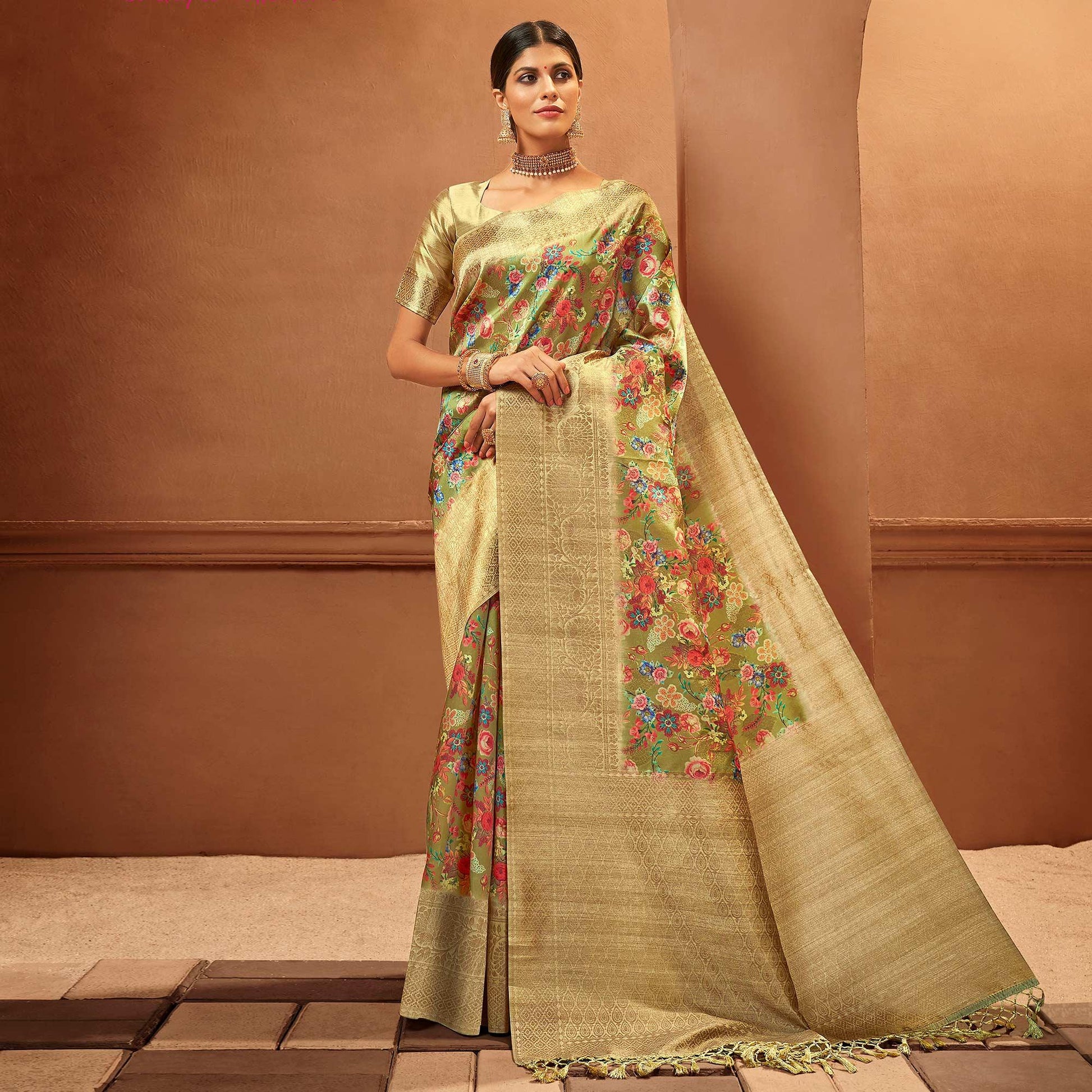 green-festive-wear-pure-digital-prints-jacquard-silk-saree-128425