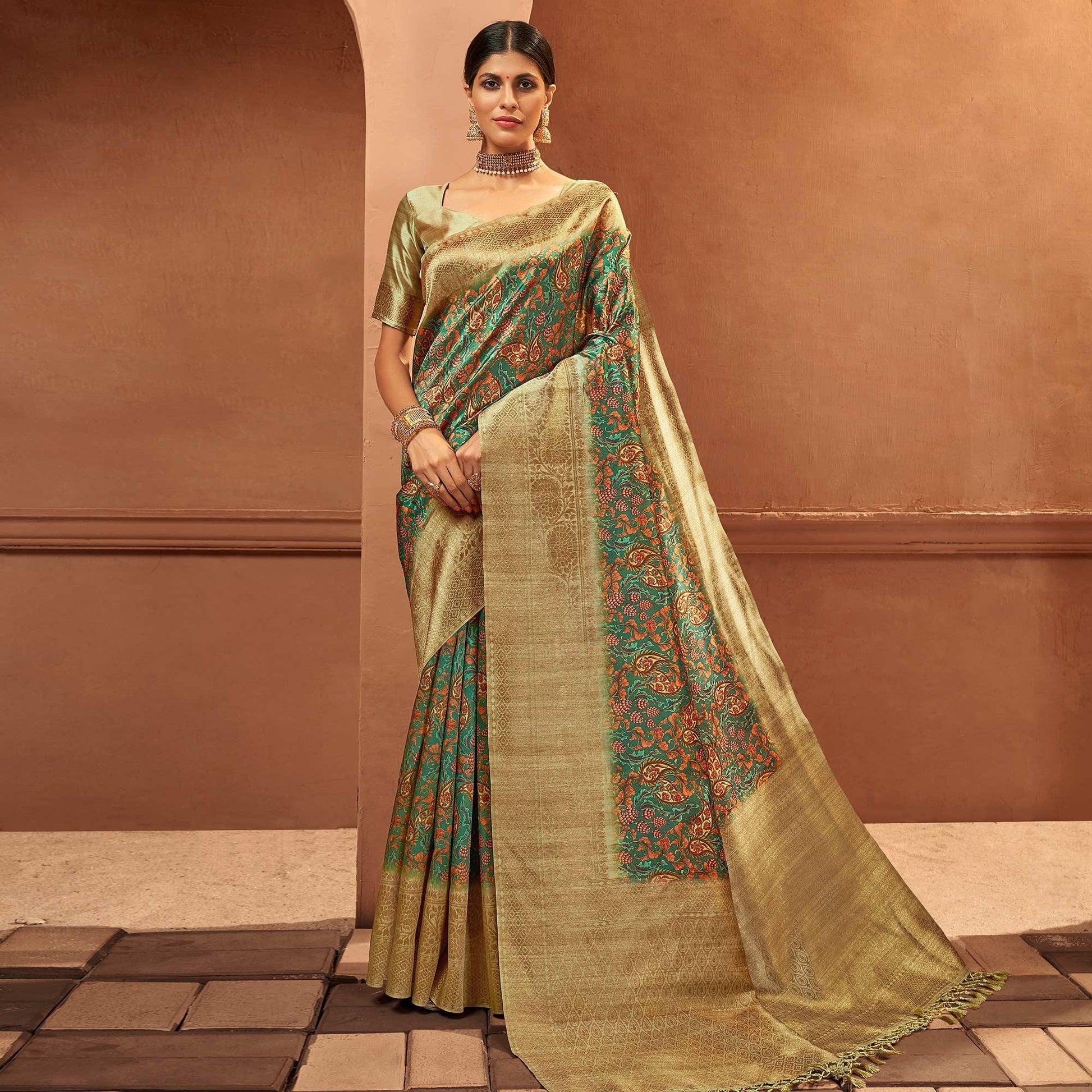 green-festive-wear-pure-digital-prints-jacquard-silk-saree-128426