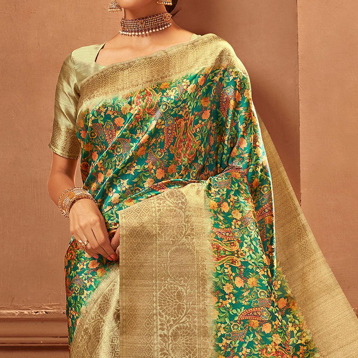 green-festive-wear-pure-digital-prints-jacquard-silk-saree-128423