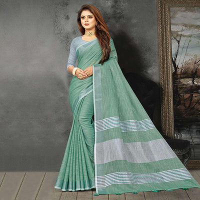 green-festive-wear-solid-linen-saree-135791