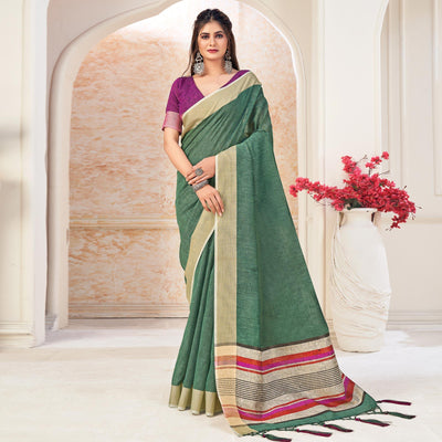 green-festive-wear-solid-linen-saree-135587