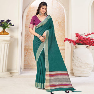 green-festive-wear-solid-linen-saree-135591
