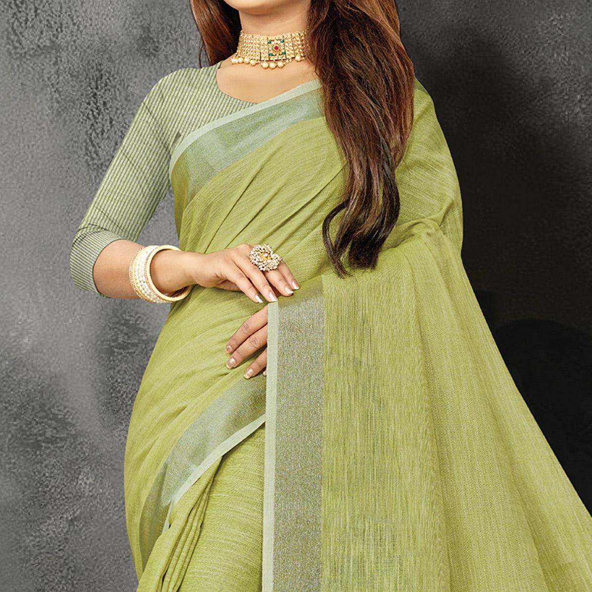 green-festive-wear-solid-linen-saree-135781