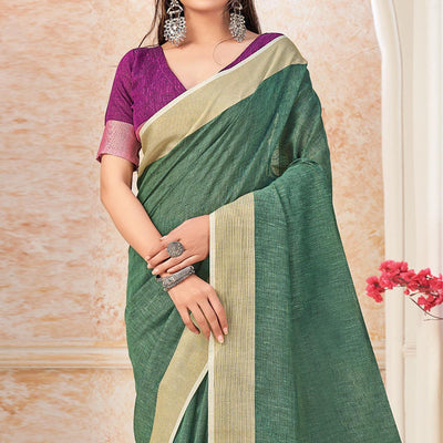 green-festive-wear-solid-linen-saree-135587