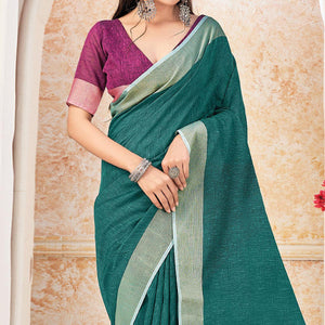 green-festive-wear-solid-linen-saree-135591