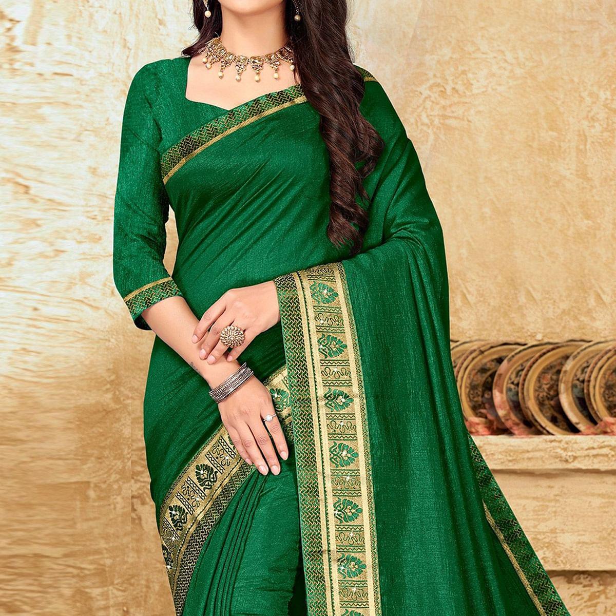 green-festive-wear-solid-vichitra-silk-saree-142742
