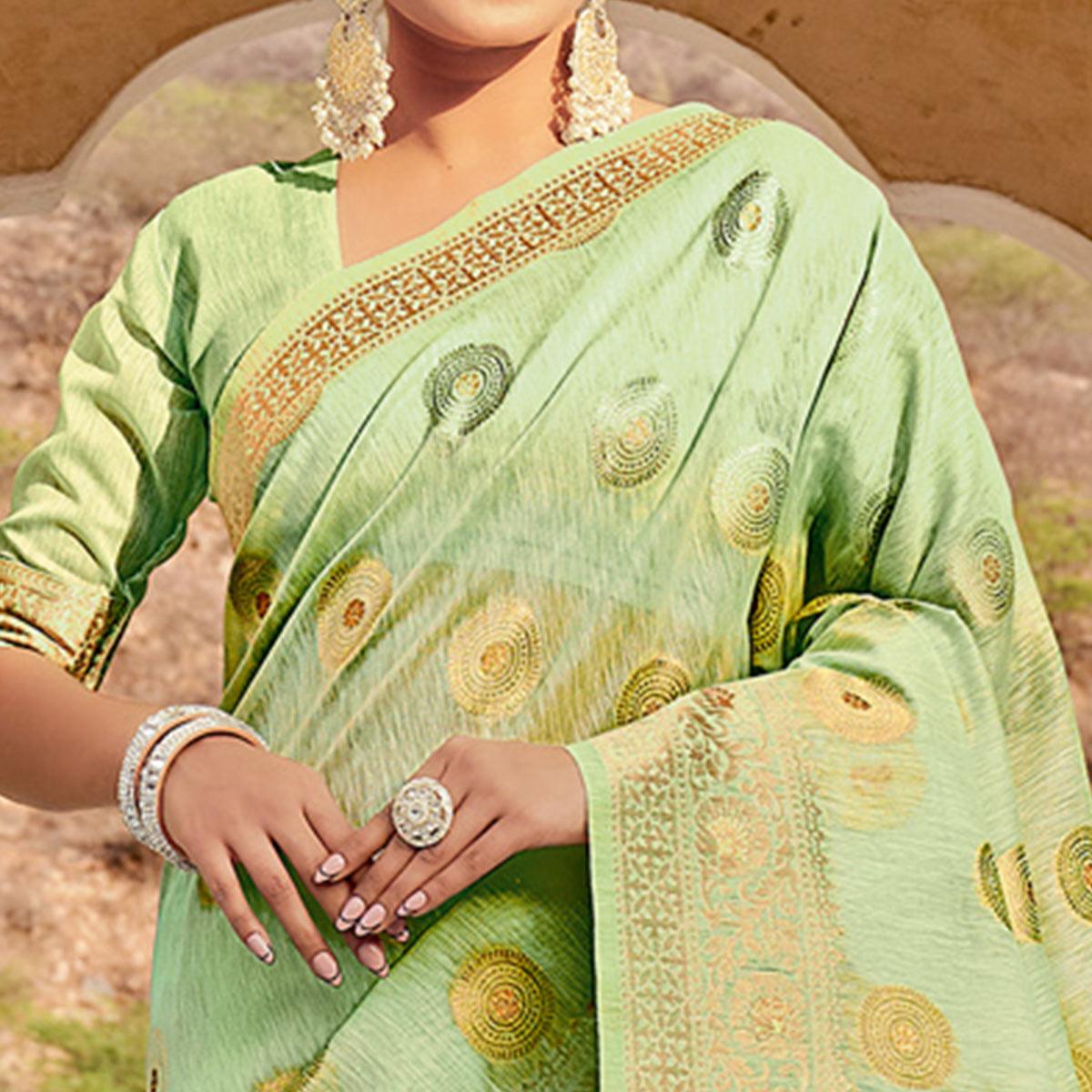 green-festive-wear-weaving-work-linen-saree-with-tassels-139515