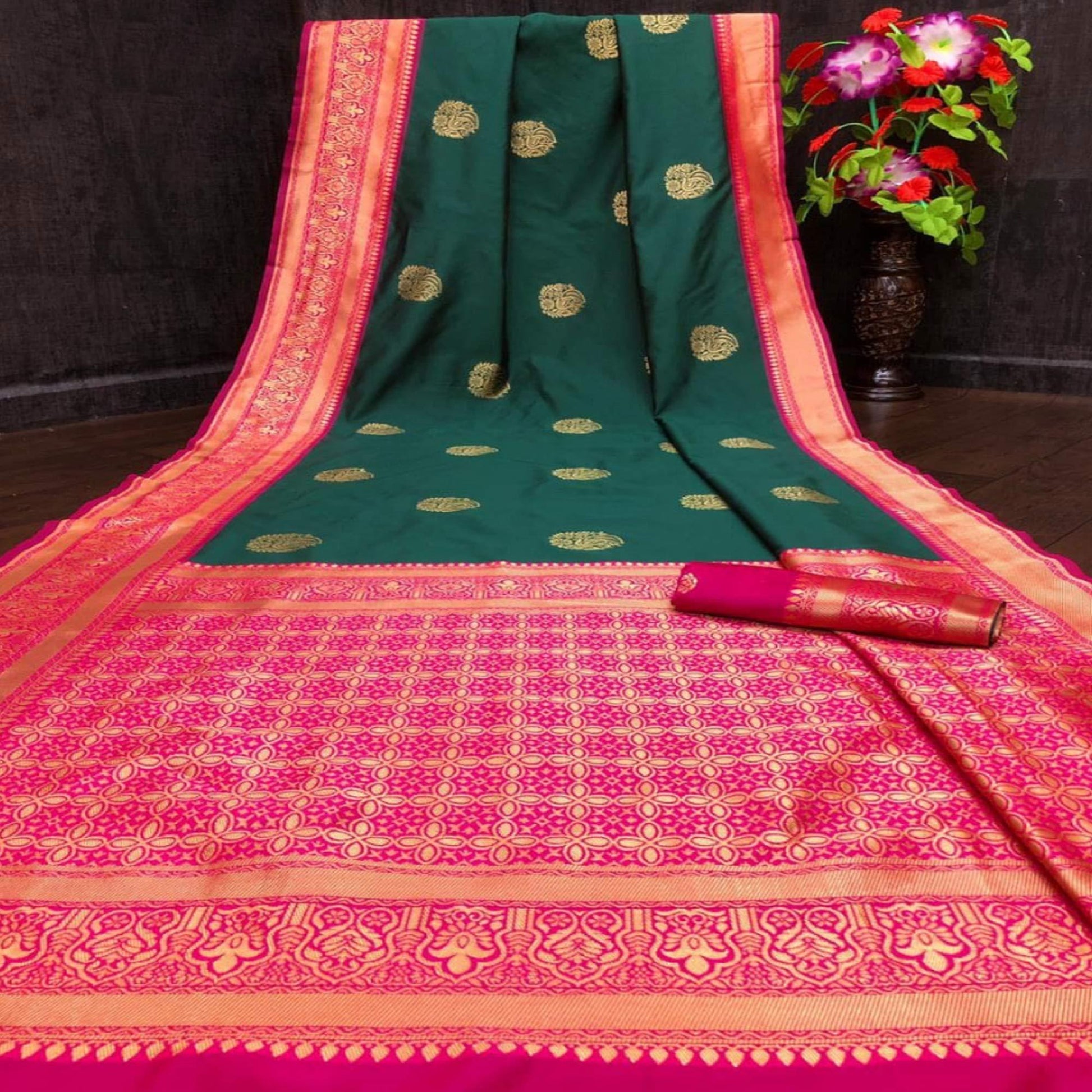 green-festive-wear-woven-butta-designer-border-soft-lichi-silk-saree-108229