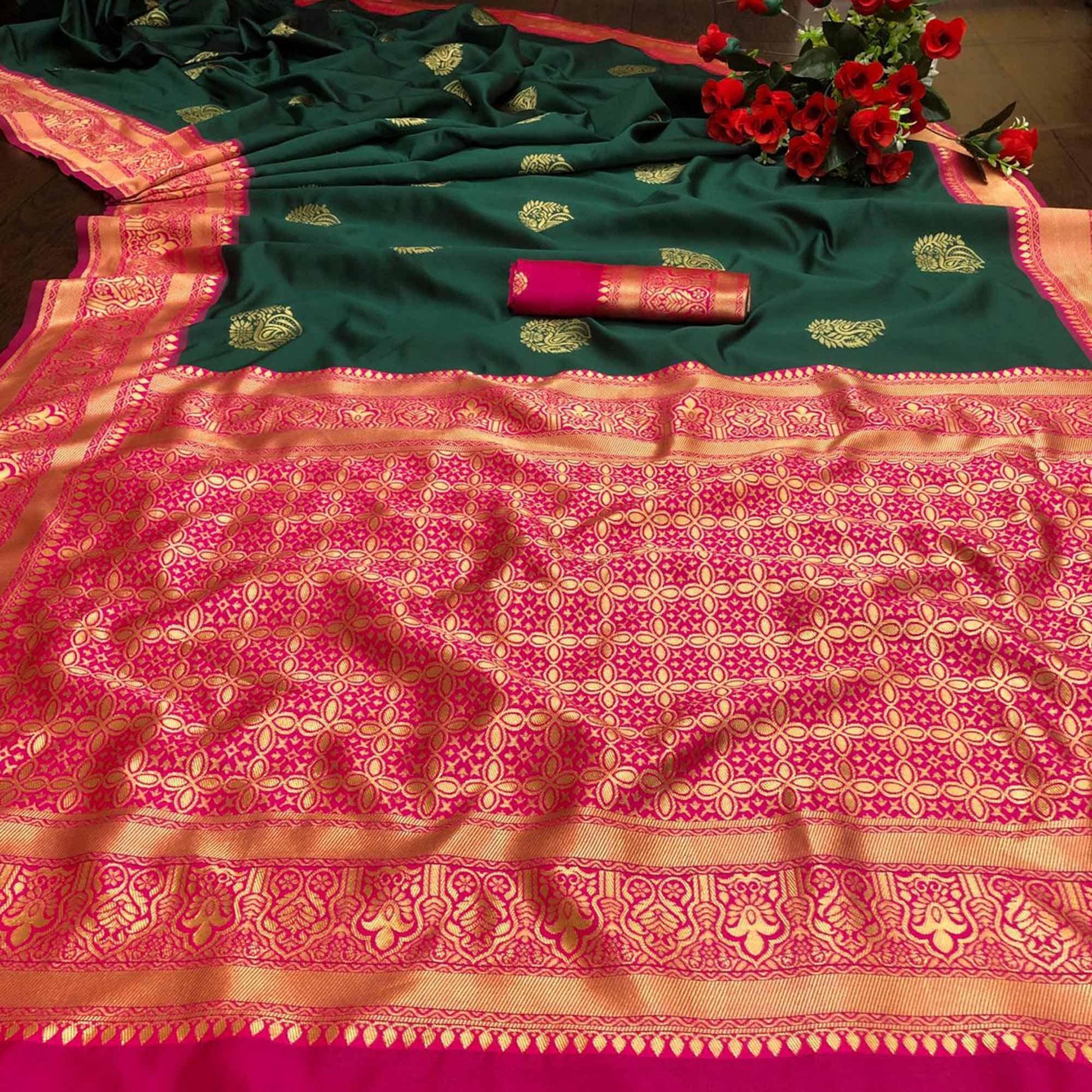 green-festive-wear-woven-butta-designer-border-soft-lichi-silk-saree-108229