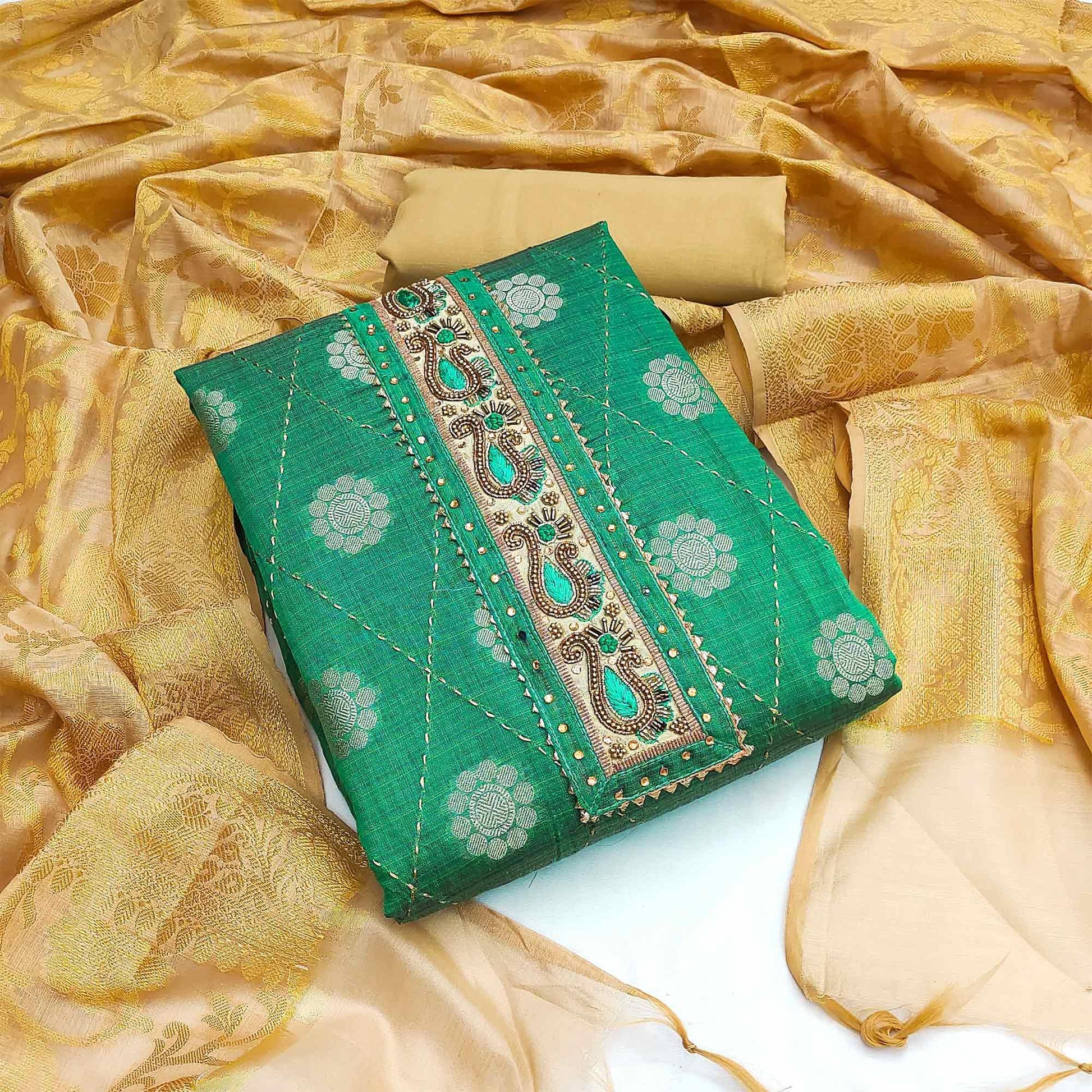 green-festive-wear-woven-chanderi-dress-material-139192