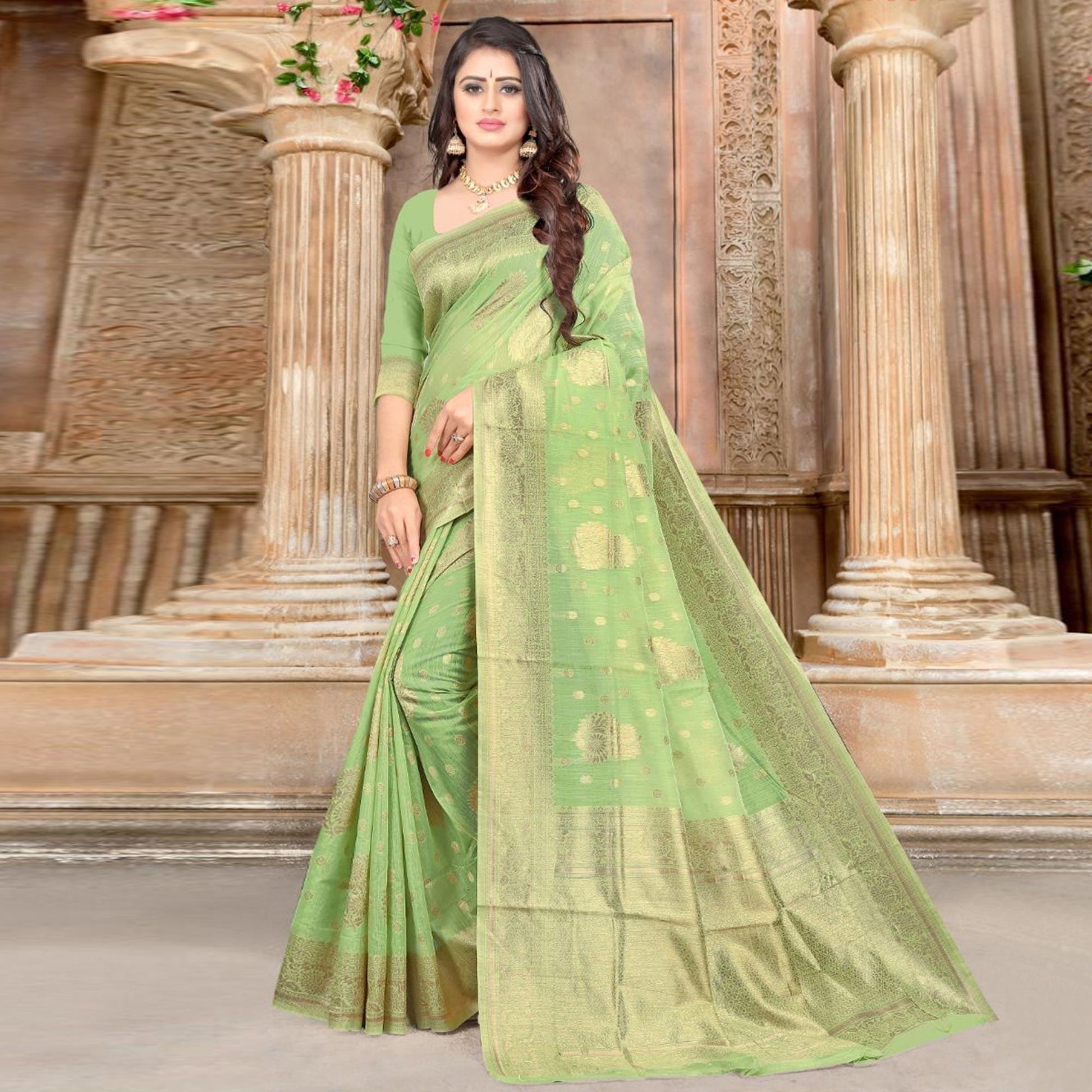 green-festive-wear-woven-chanderi-cotton-saree-129747