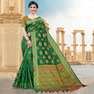 green-festive-wear-woven-cotton-saree-with-tassels-109217