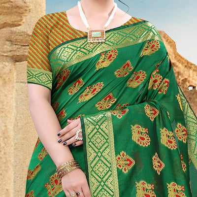 green-festive-wear-woven-cotton-saree-with-tassels-109217