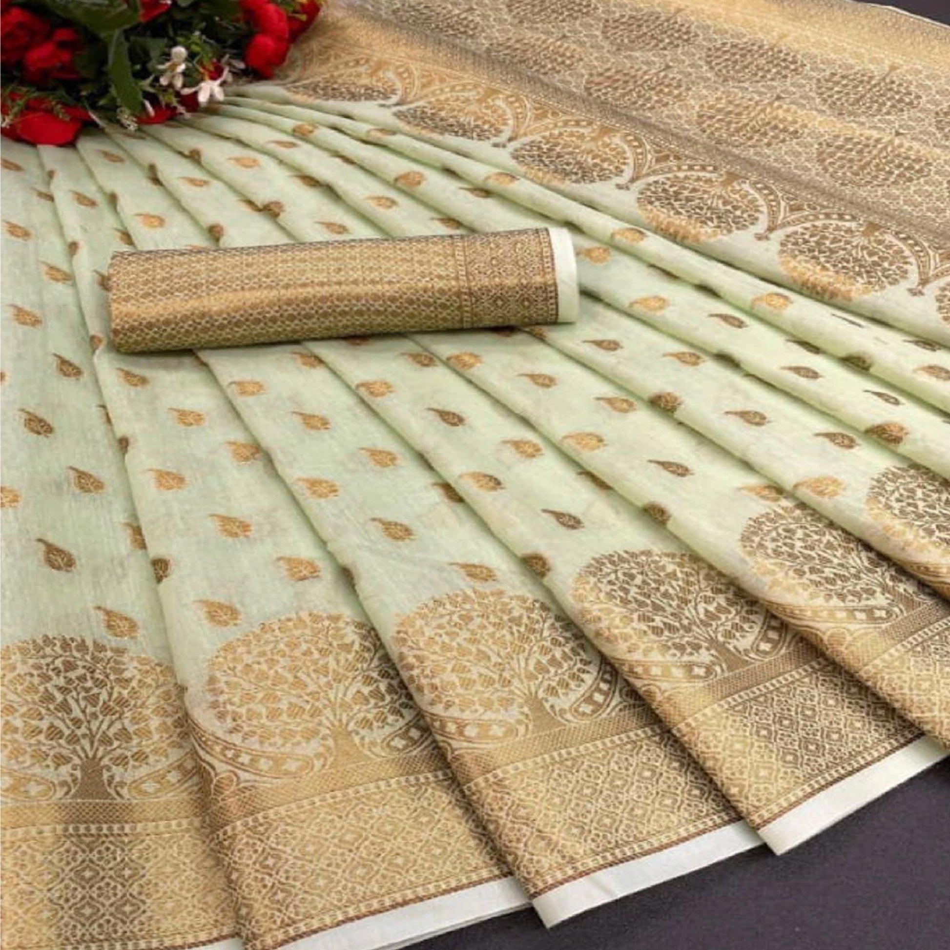 green-festive-wear-woven-cotton-saree-with-zari-border-134655
