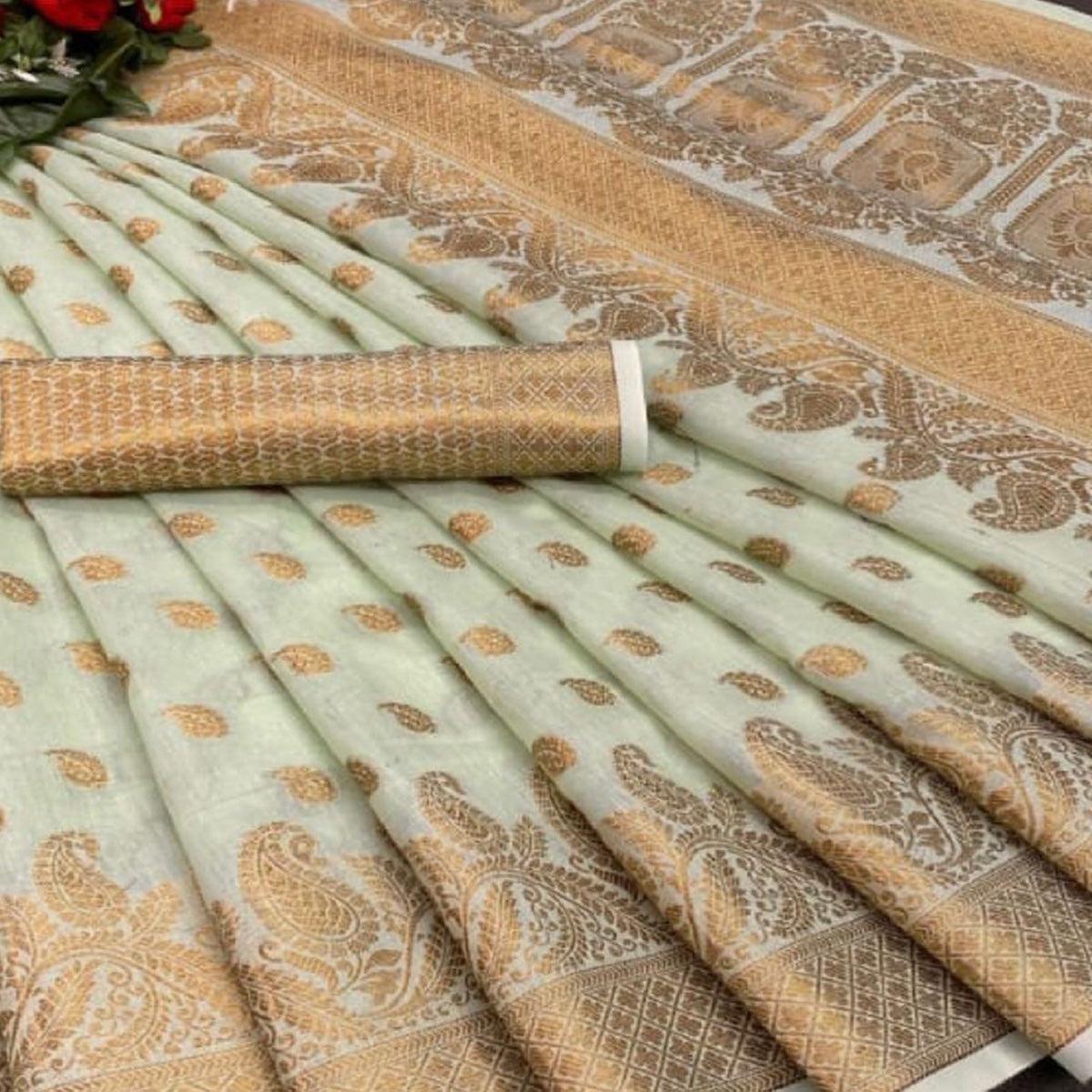 green-festive-wear-woven-cotton-saree-with-zari-border-134660