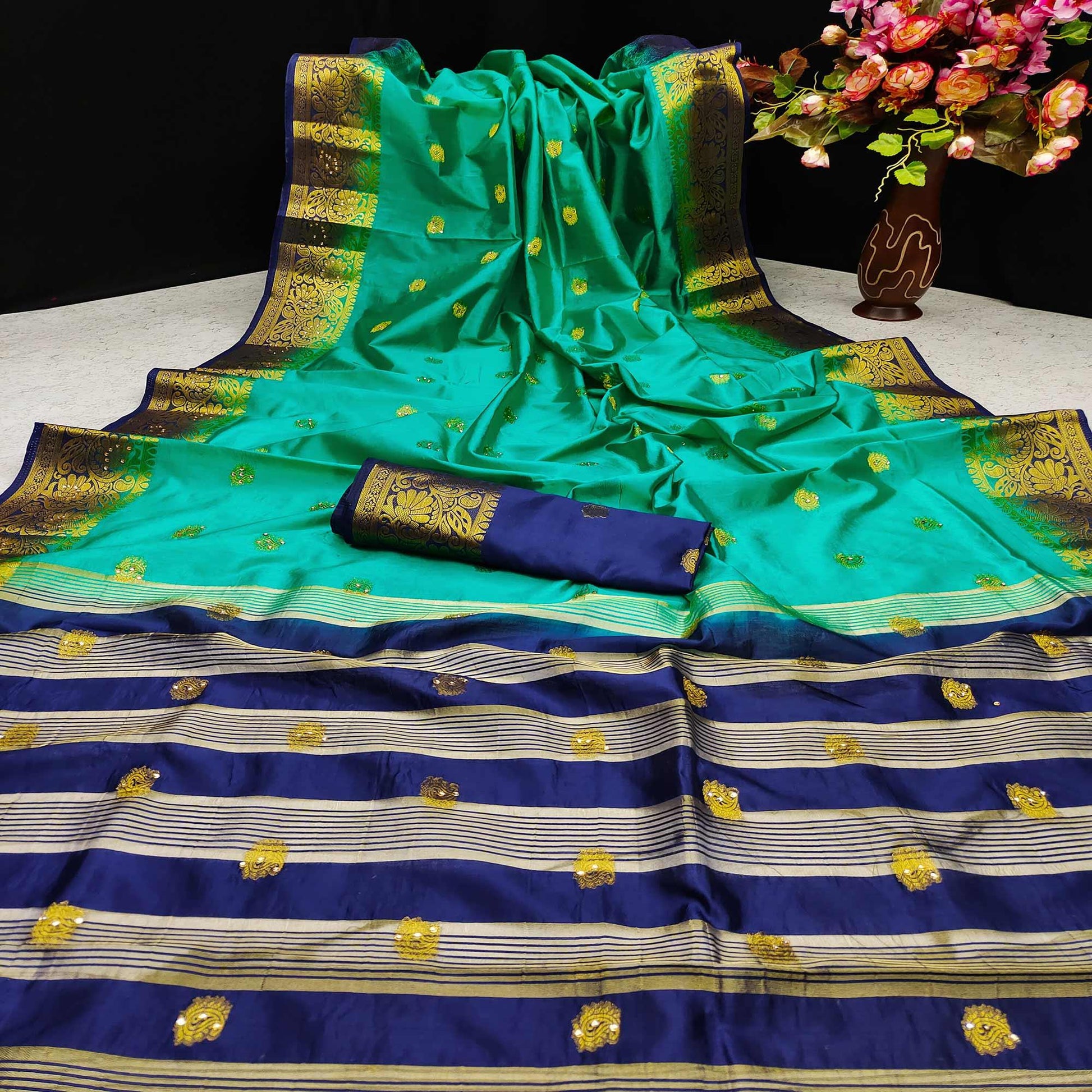 turquoise-festive-wear-woven-cotton-silk-saree-129700