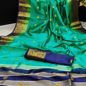 turquoise-festive-wear-woven-cotton-silk-saree-129700
