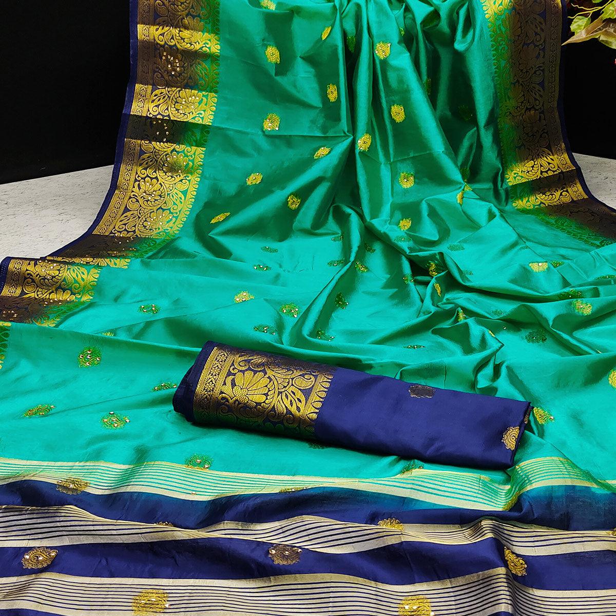 turquoise-festive-wear-woven-cotton-silk-saree-129700
