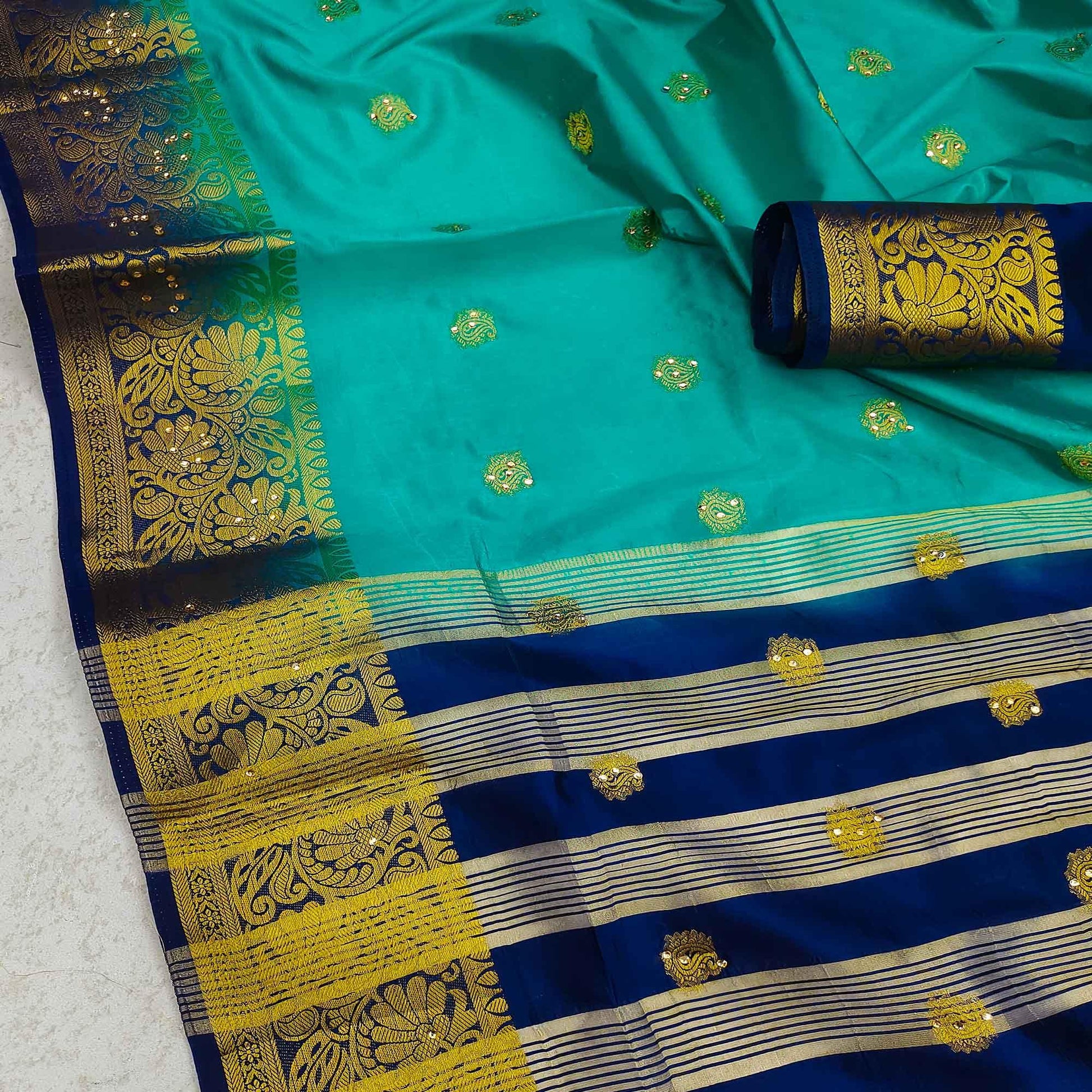 turquoise-festive-wear-woven-cotton-silk-saree-129700