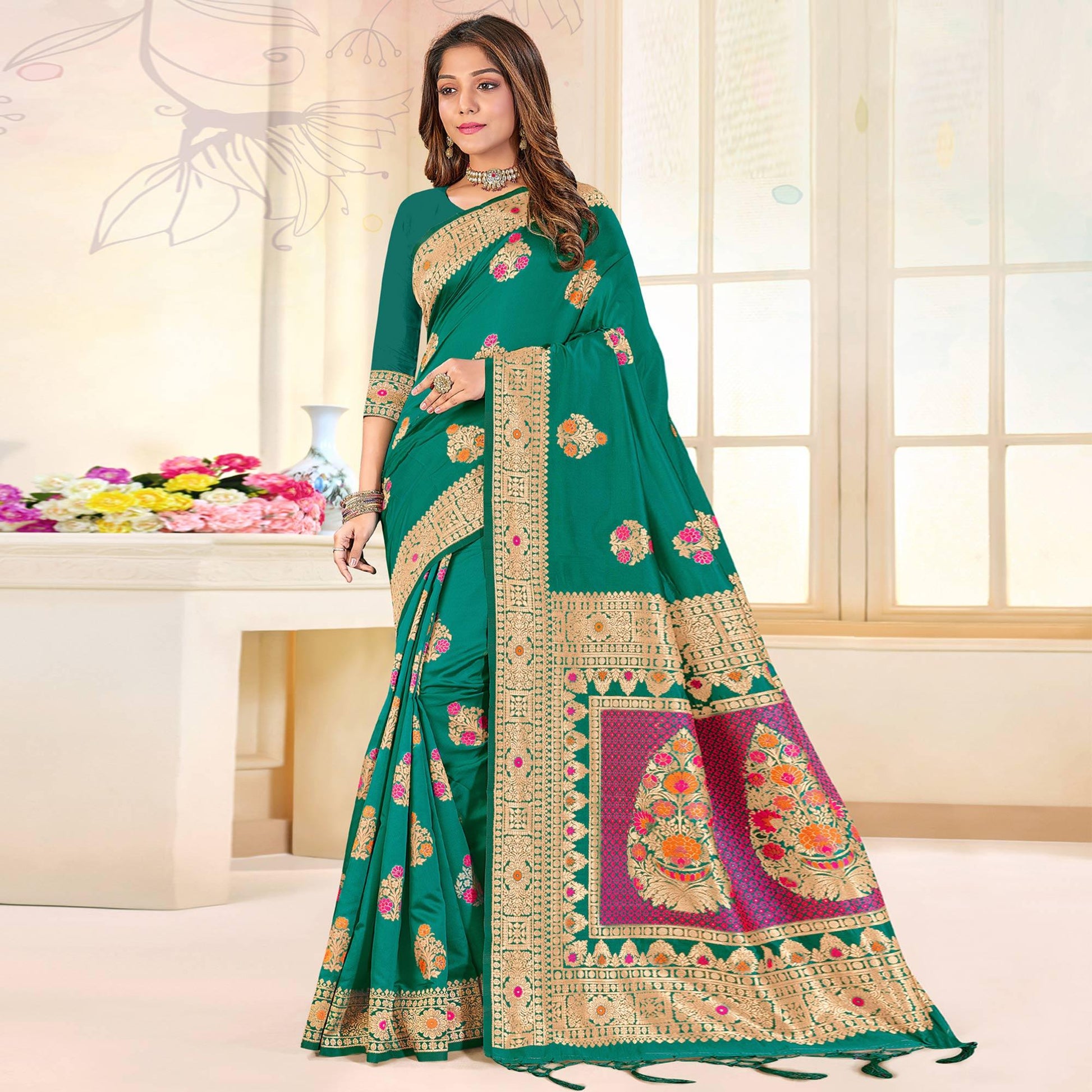 green-festive-wear-woven-jari-border-soft-silk-saree-137673