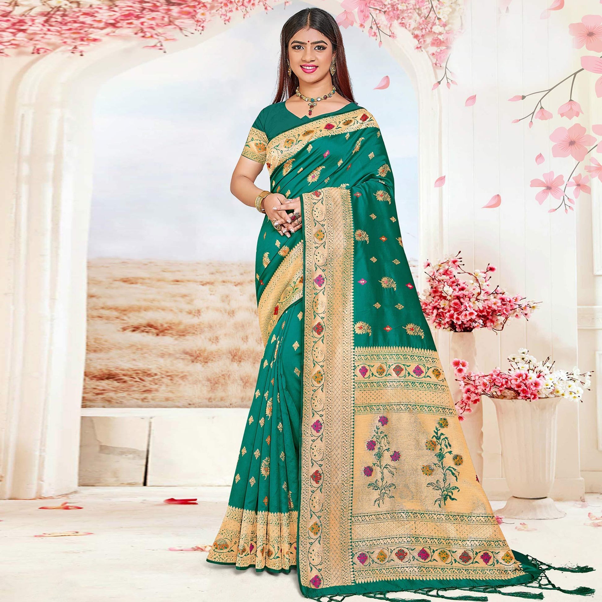 green-festive-wear-woven-jari-border-soft-silk-saree-137704