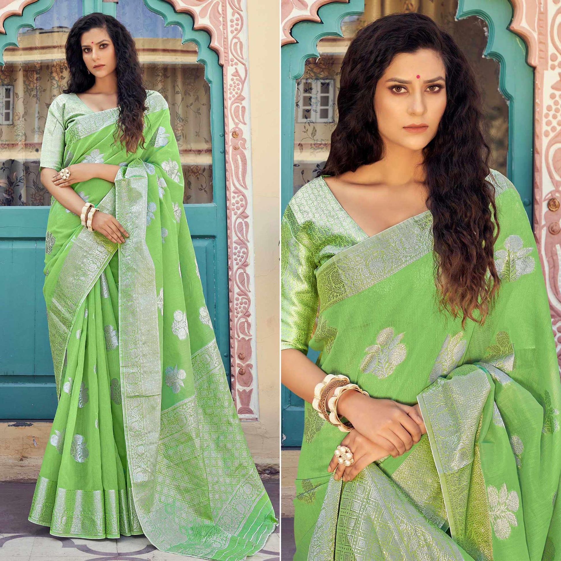 green-festive-wear-woven-linen-saree-138292