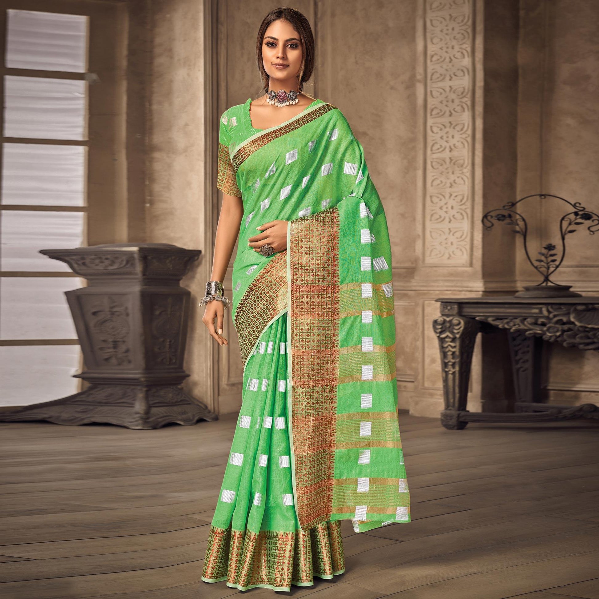 green-festive-wear-woven-linen-saree-139784