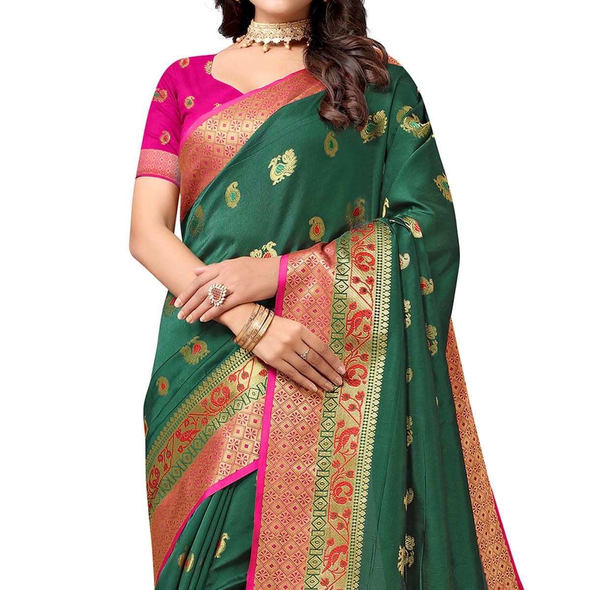 green-festive-wear-woven-soft-silk-saree-with-jacquard-border-136540