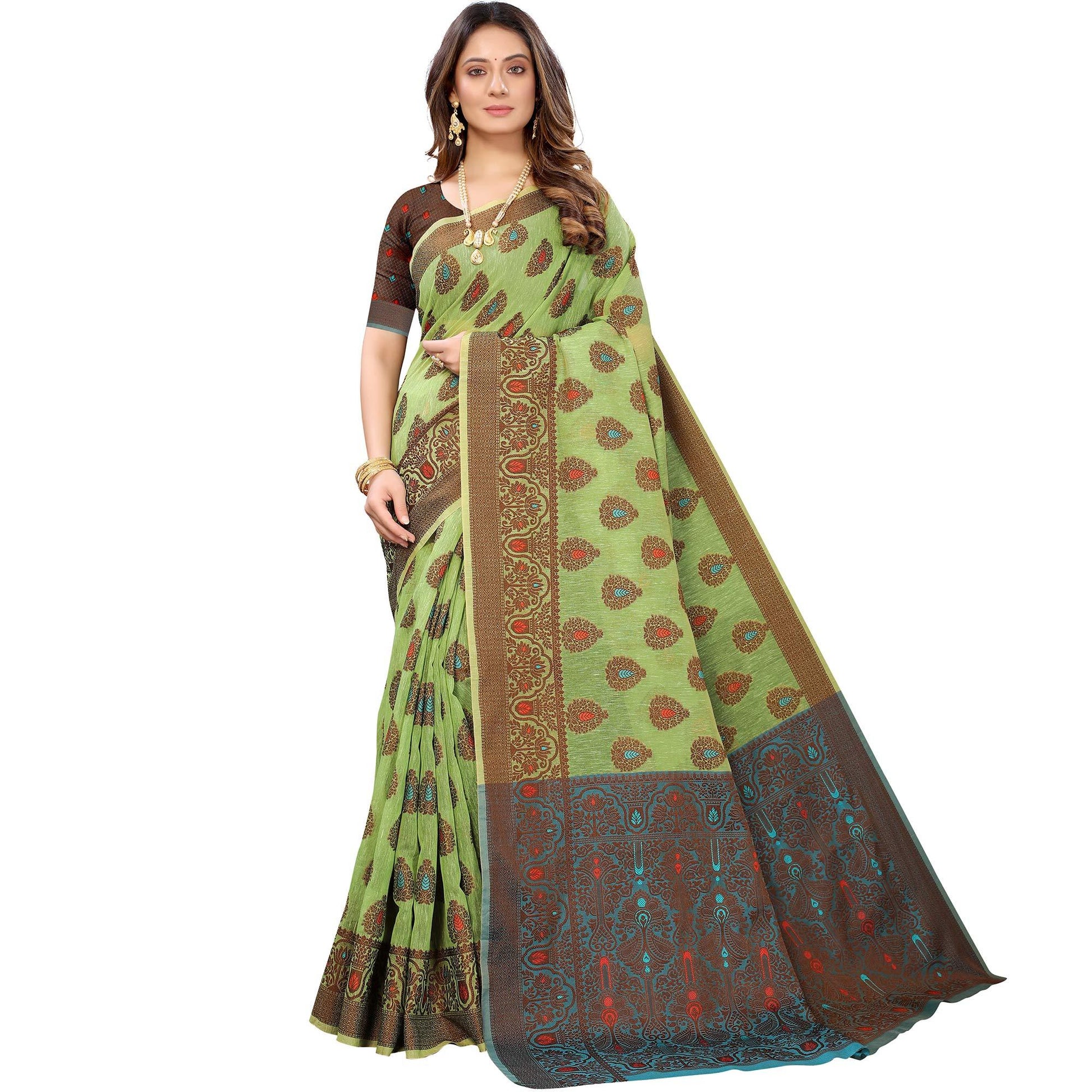green-festive-wear-woven-with-meena-butta-rich-pallu-cotton-saree-118312