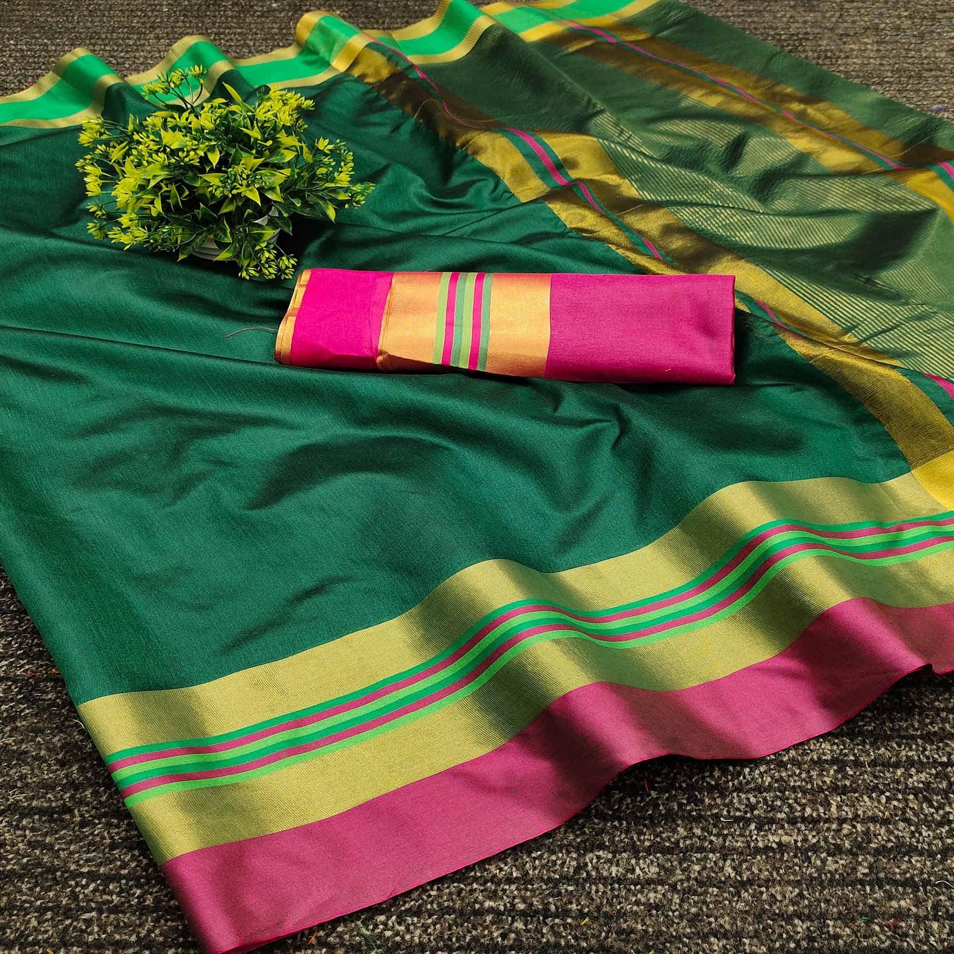 green-festive-wear-zari-border-cotton-blend-saree-138526