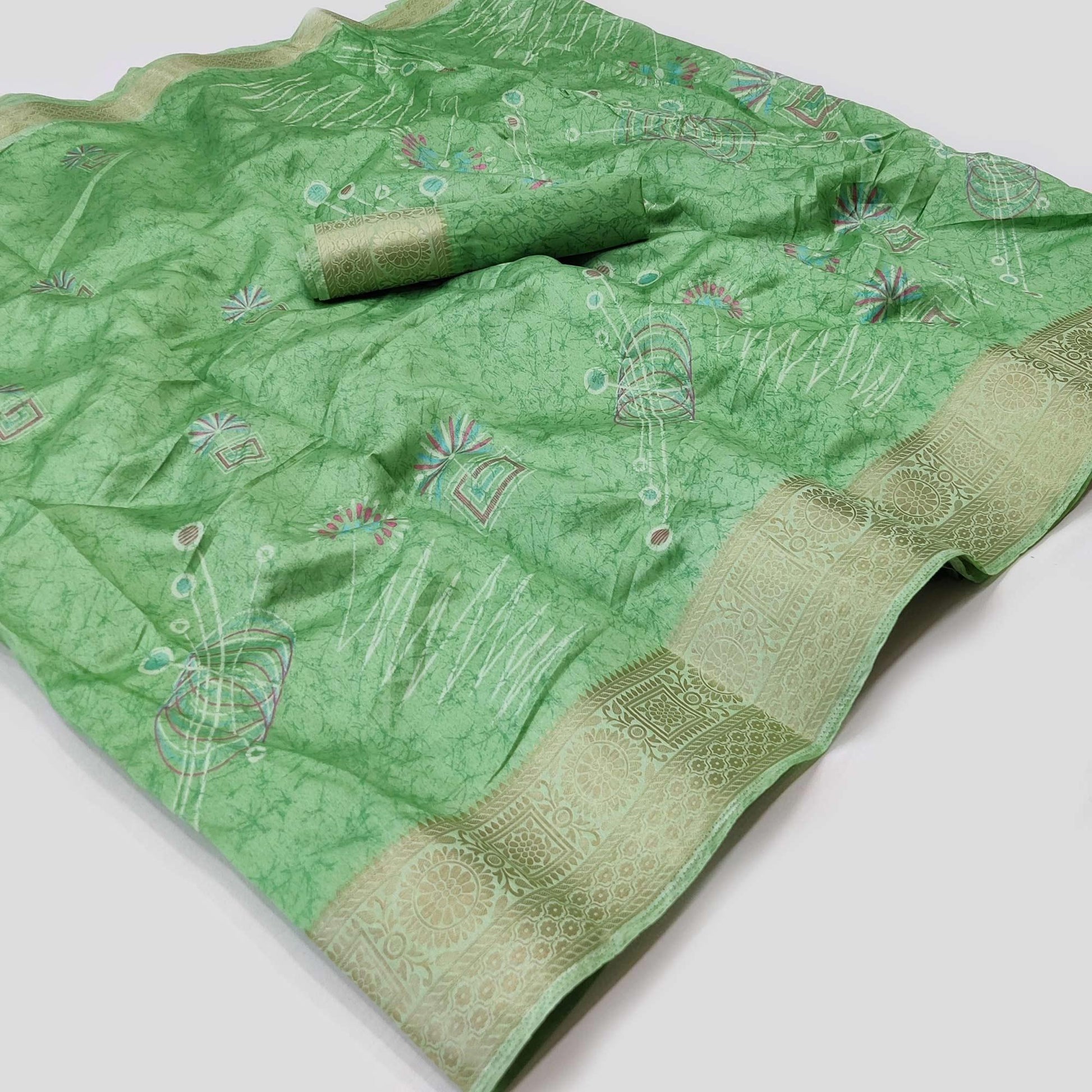 green-floral-and-geometric-printed-dola-silk-saree