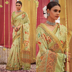 green-floral-digital-printed-linen-saree-with-tassels