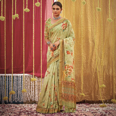 green-floral-digital-printed-linen-saree-with-tassels