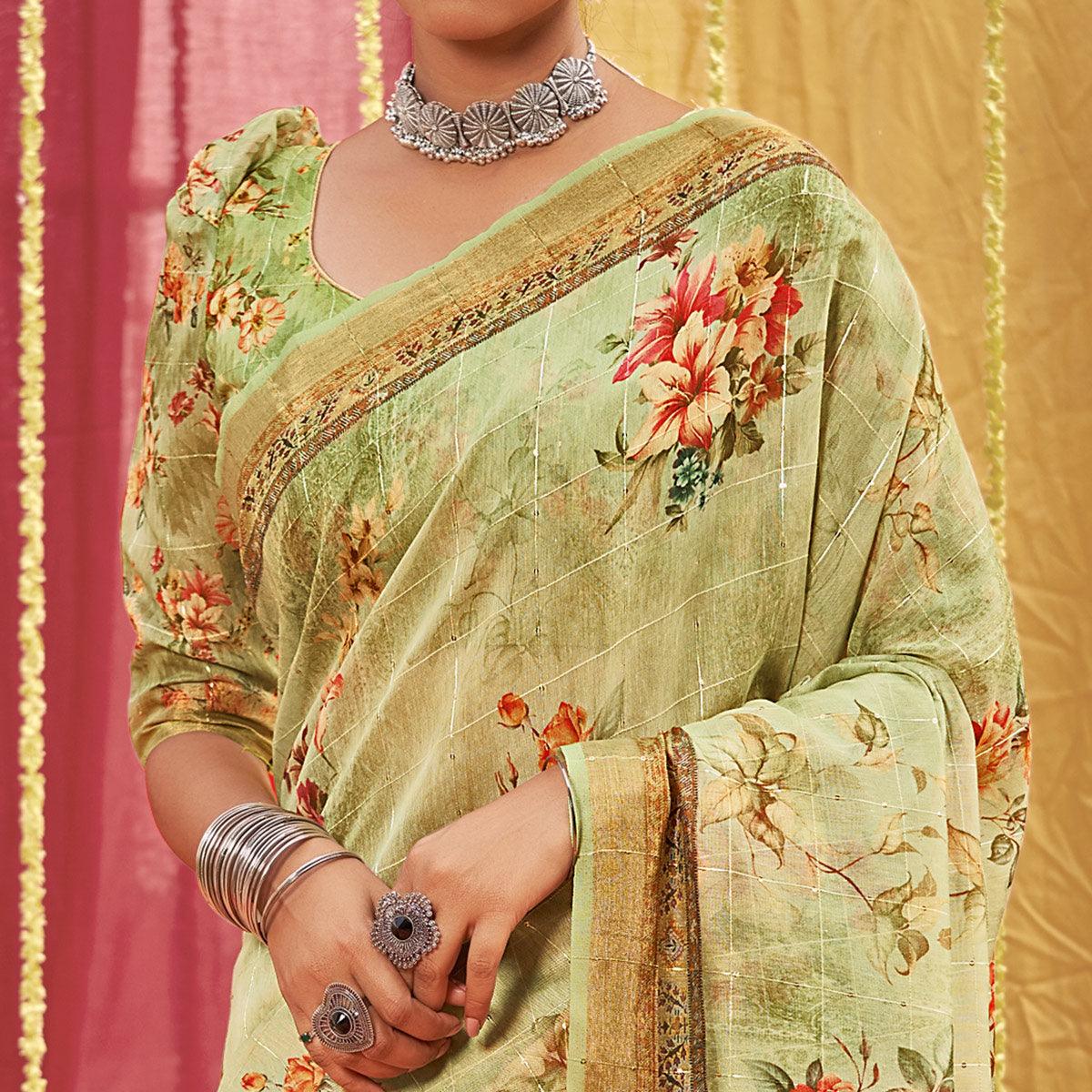 green-floral-digital-printed-linen-saree-with-tassels