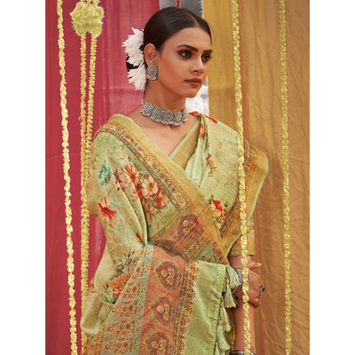 green-floral-digital-printed-linen-saree-with-tassels
