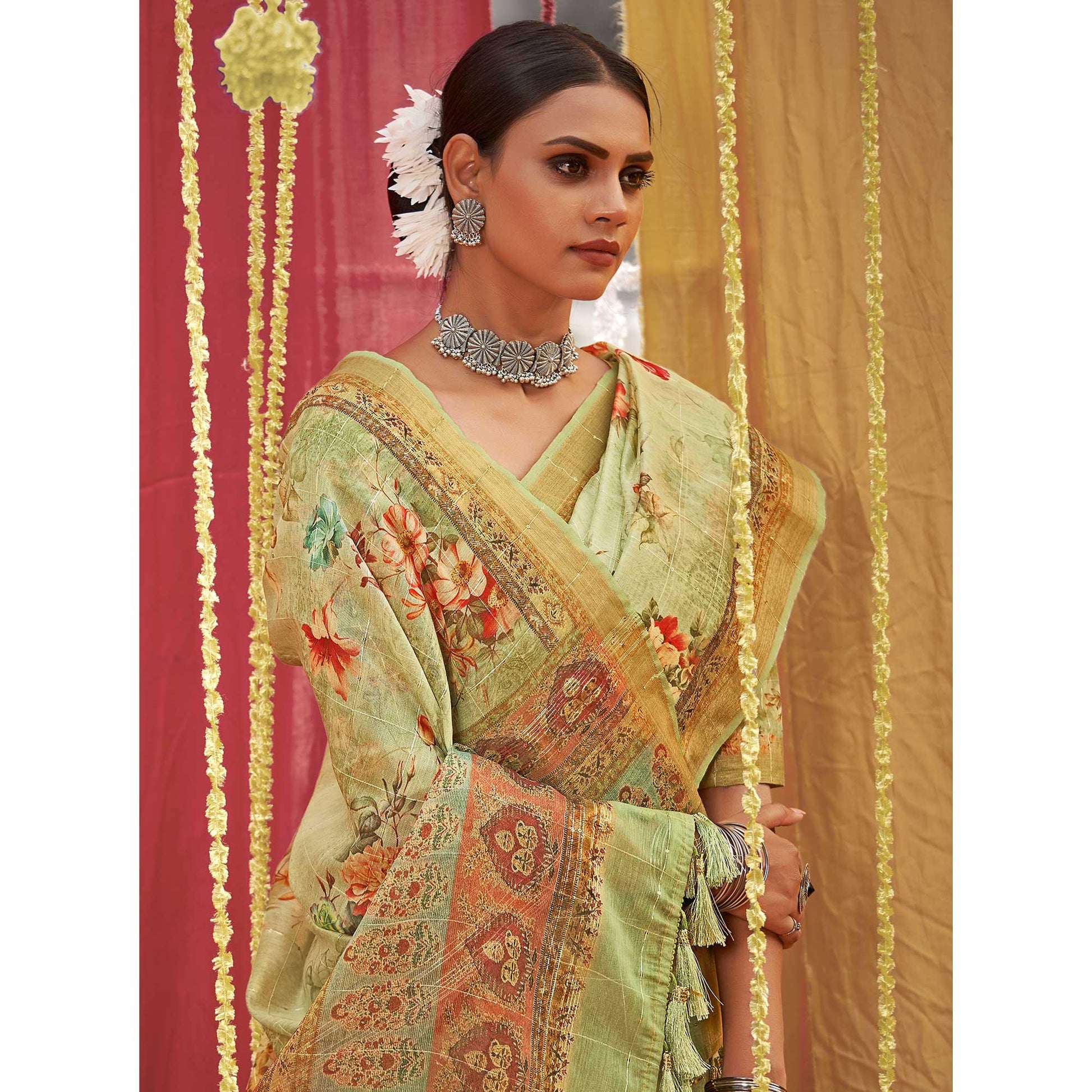 green-floral-digital-printed-linen-saree-with-tassels