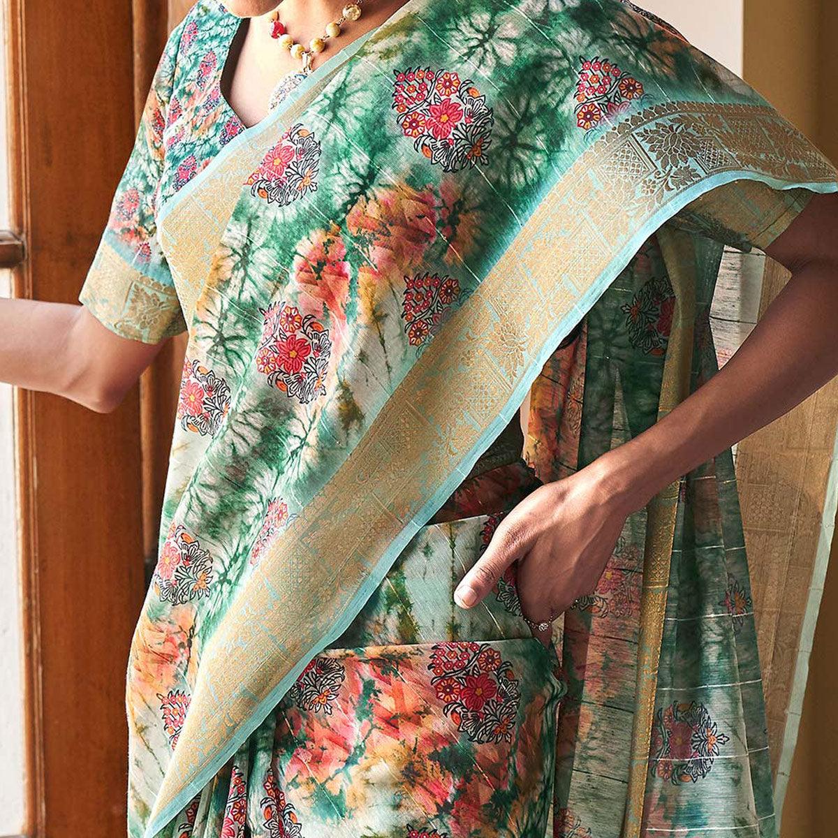 green-floral-digital-printed-with-sequence-linen-saree-144964