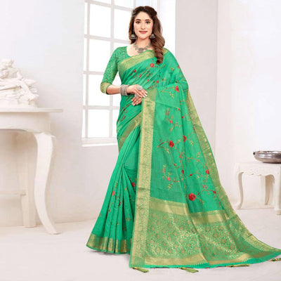 green-floral-embroidered-cotton-silk-saree-with-tassels-143789