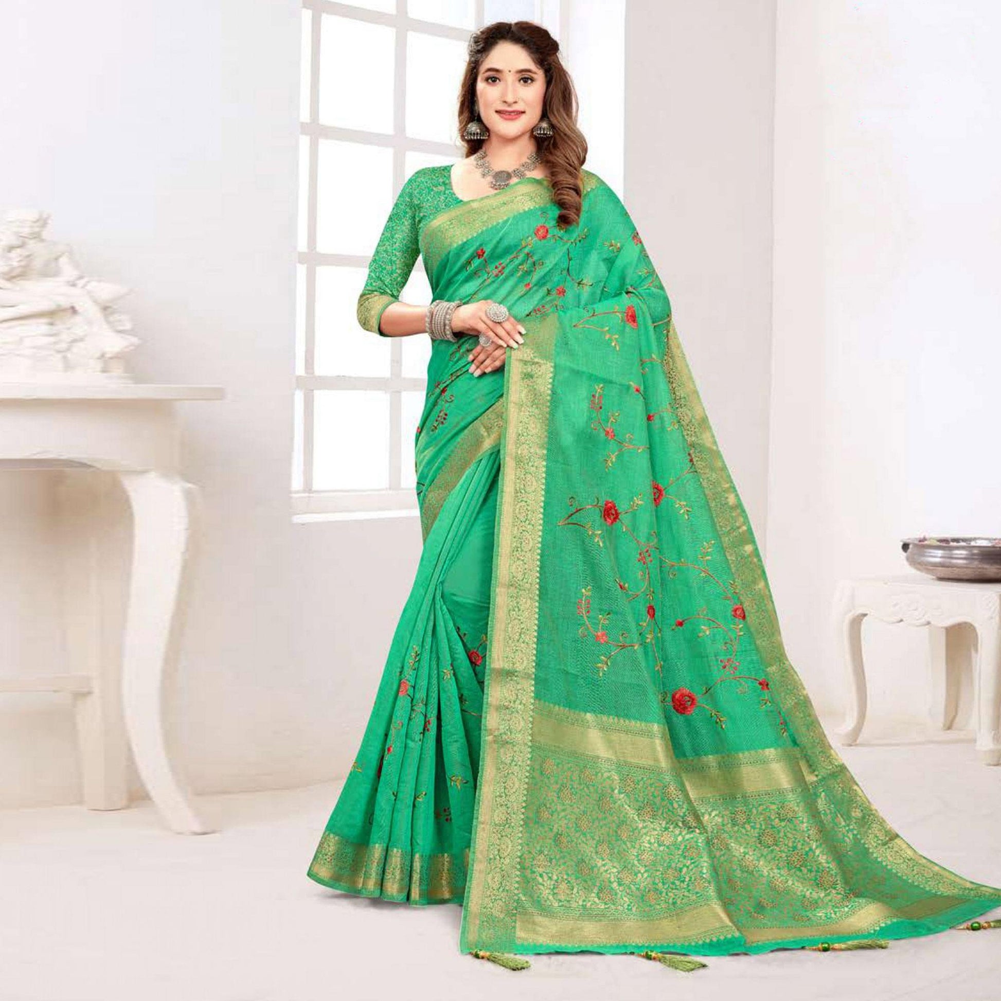 green-floral-embroidered-cotton-silk-saree-with-tassels-143789