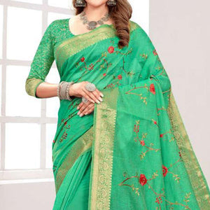 green-floral-embroidered-cotton-silk-saree-with-tassels-143789