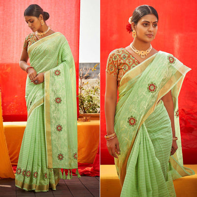 green-floral-embroidered-linen-saree-144884