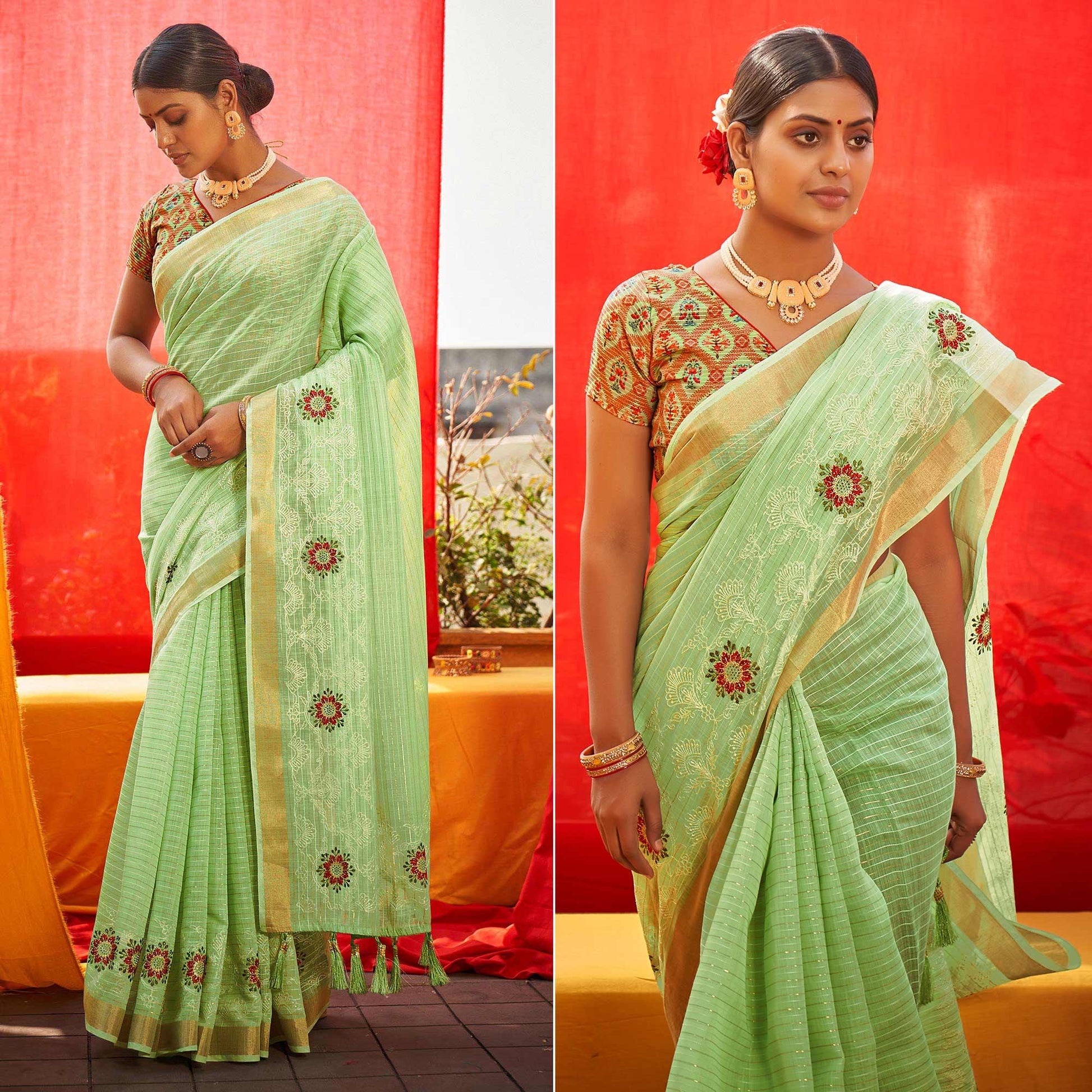 green-floral-embroidered-linen-saree-144884