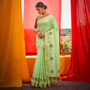 green-floral-embroidered-linen-saree-144884