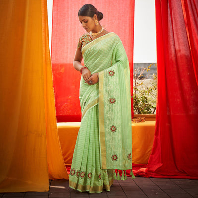 green-floral-embroidered-linen-saree-144884