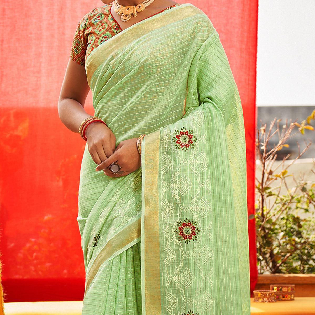green-floral-embroidered-linen-saree-144884