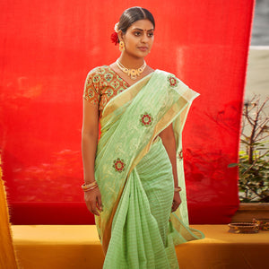 green-floral-embroidered-linen-saree-144884