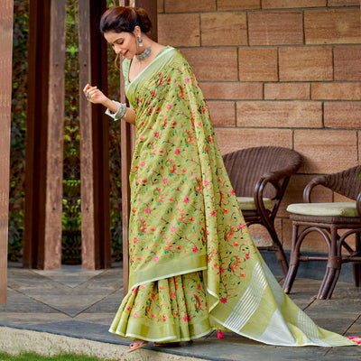 green-floral-embroidered-linen-saree