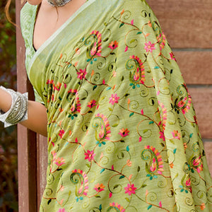 green-floral-embroidered-linen-saree