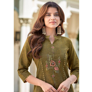 green-casual-wear-floral-embroidered-cotton-kurti-pant-set-141016